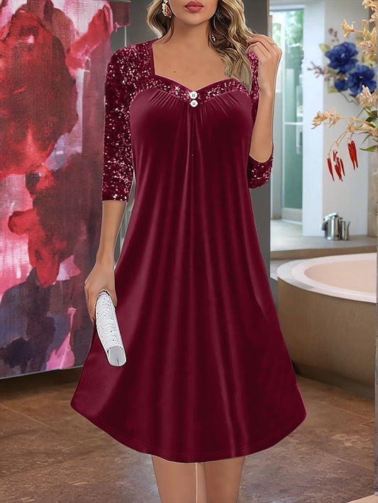 Elegant Christmas Sparkle With Button Trim Long Sleeve Dress