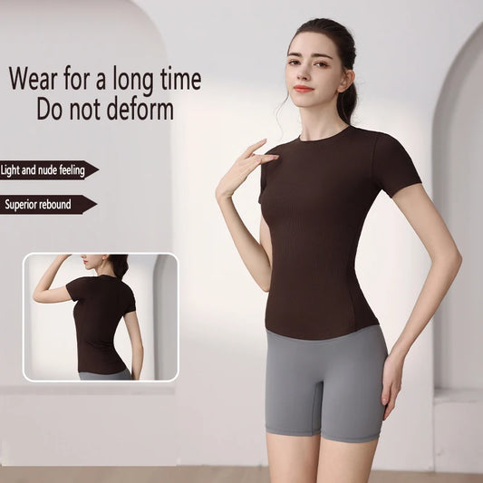 Women Yoga Tops Pilates Aerobic Clothes Tight Short Sleeve Workout Sport Fitness Running Suit Gym T-shirt Slim Sportswear Blouse