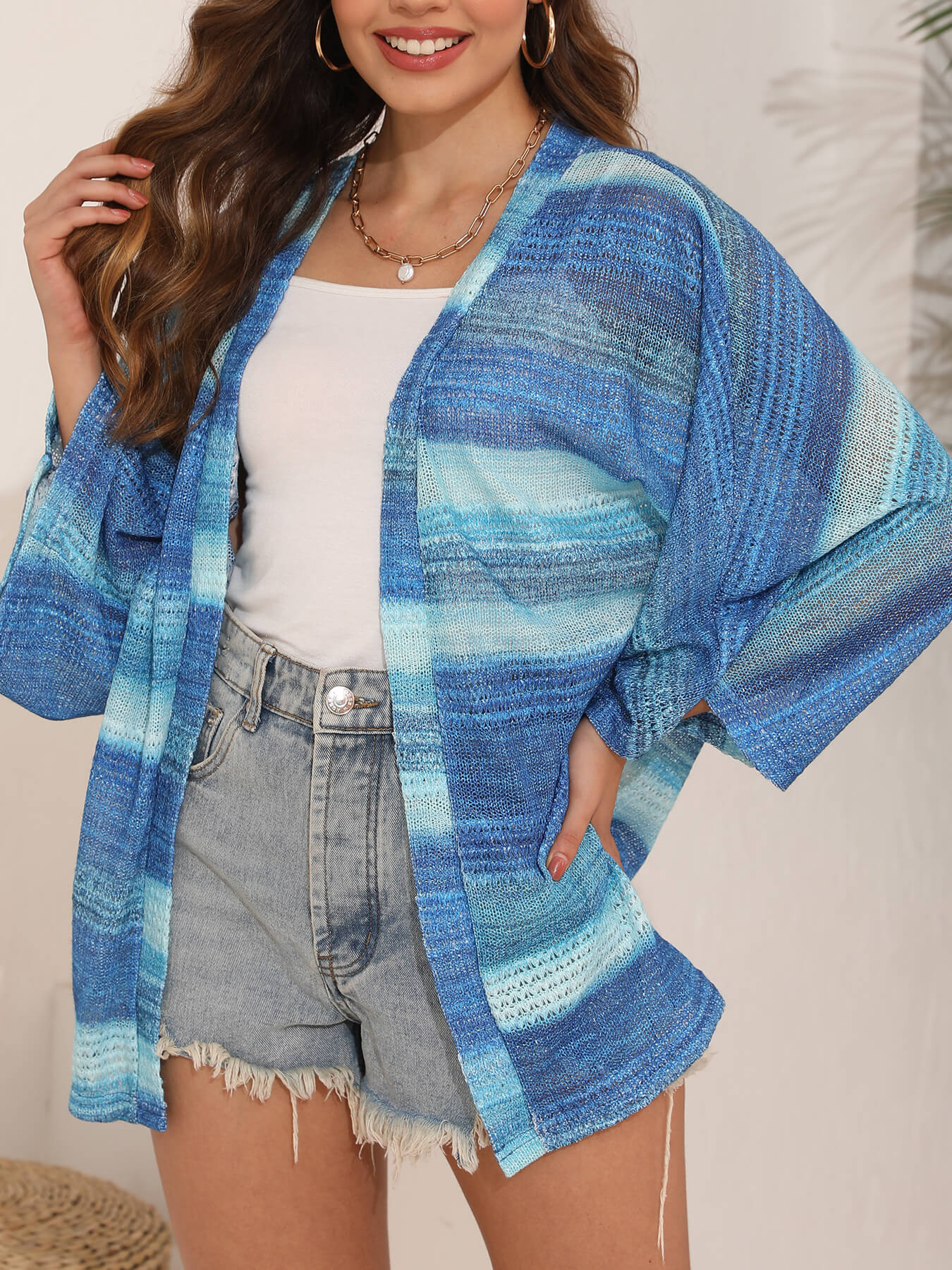 Polyester Women's Casual Loose Cardigan Sweater Hollow Tie-dye Sweater