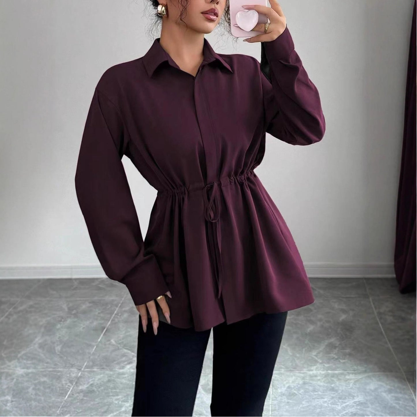 Solid Color Casual Women's Long-sleeved Shirt