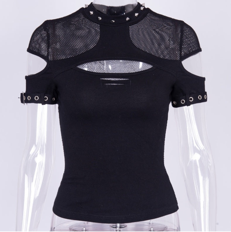 Mesh openwork rivet short sleeve