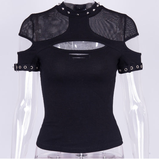 Mesh openwork rivet short sleeve