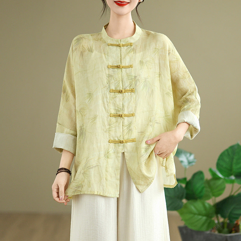 Ramie Frog Button Cardigan Coat Anti-DDoS All-match Suit