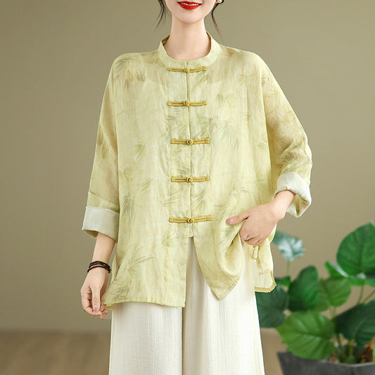 Ramie Frog Button Cardigan Coat Anti-DDoS All-match Suit