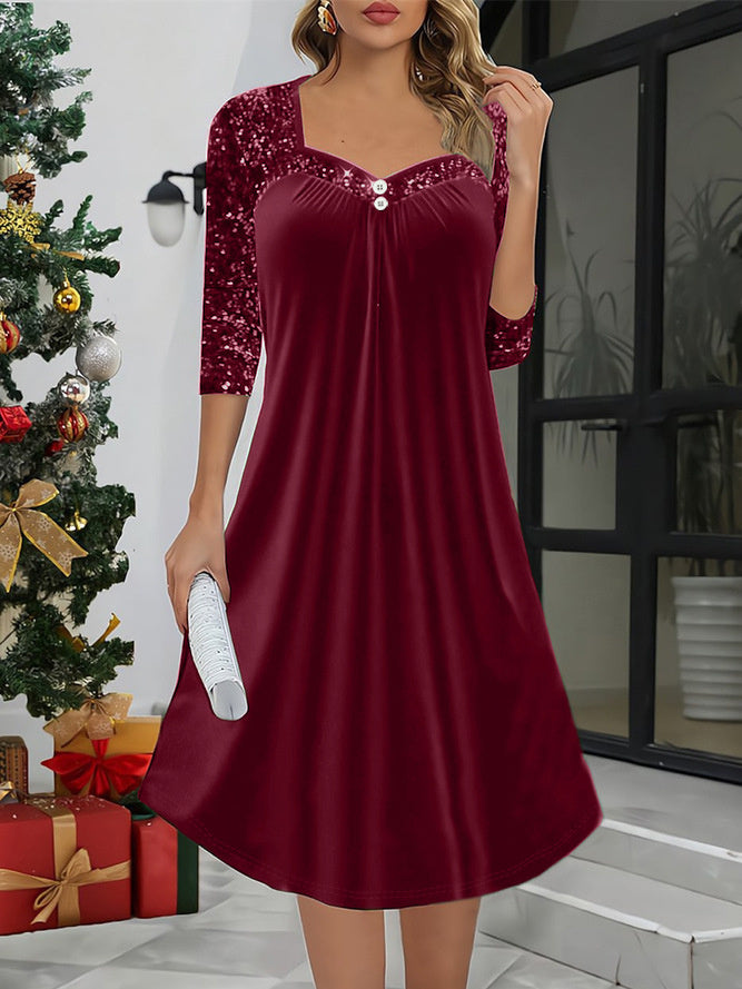 Elegant Christmas Sparkle With Button Trim Long Sleeve Dress