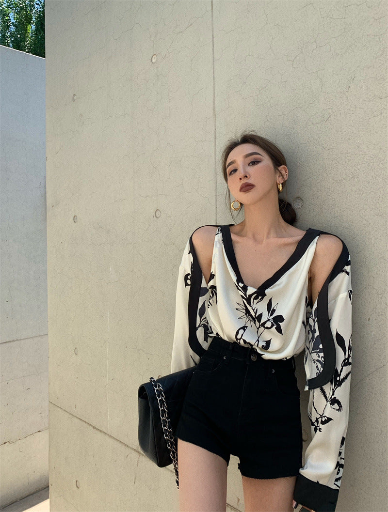 Fake Two Off-shoulder Floral Shirts For Women