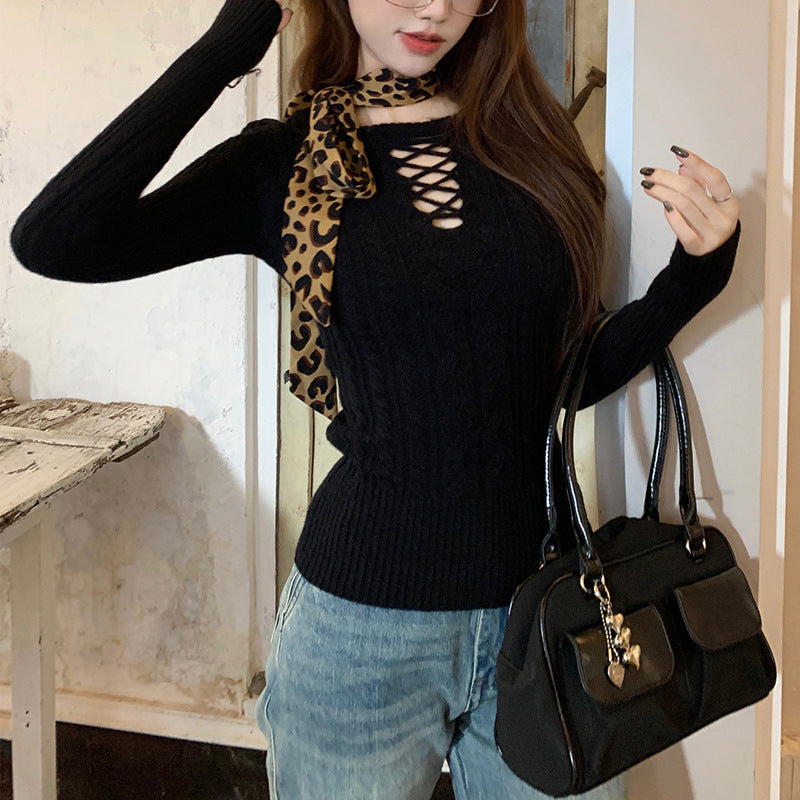 Fashion Design Long-sleeved Sweater Slim Slimming Hollow Elegant Bottoming Top Women