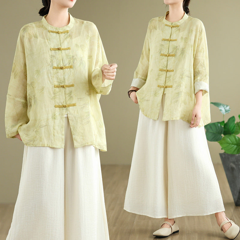 Ramie Frog Button Cardigan Coat Anti-DDoS All-match Suit