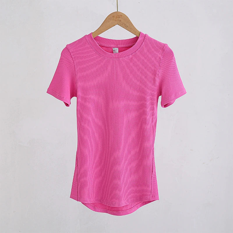 Women Yoga Tops Pilates Aerobic Clothes Tight Short Sleeve Workout Sport Fitness Running Suit Gym T-shirt Slim Sportswear Blouse