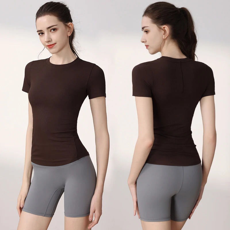 Women Yoga Tops Pilates Aerobic Clothes Tight Short Sleeve Workout Sport Fitness Running Suit Gym T-shirt Slim Sportswear Blouse