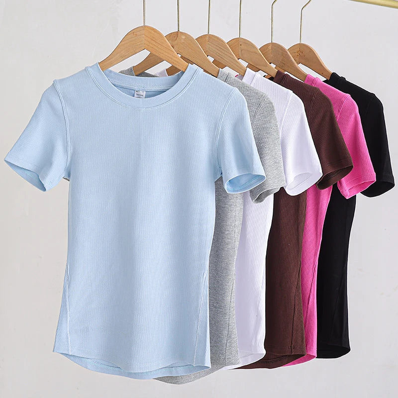 Women Yoga Tops Pilates Aerobic Clothes Tight Short Sleeve Workout Sport Fitness Running Suit Gym T-shirt Slim Sportswear Blouse