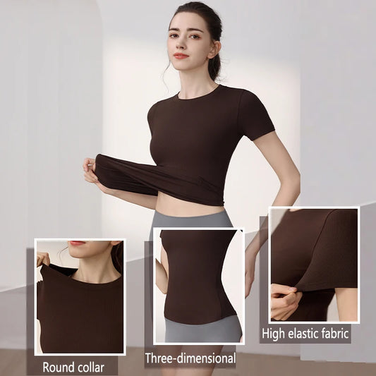 Women Yoga Tops Pilates Aerobic Clothes Tight Short Sleeve Workout Sport Fitness Running Suit Gym T-shirt Slim Sportswear Blouse