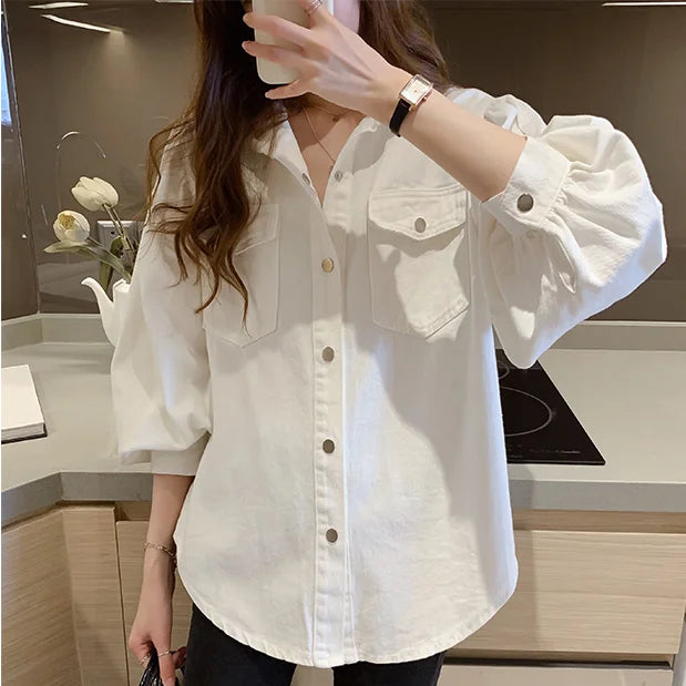 Chic Clothes Women's Blouse Women Collared Clothing Chemise New Tops White Collar Korean Aesthetic Long Sleeve Tunic Shirts Sexy