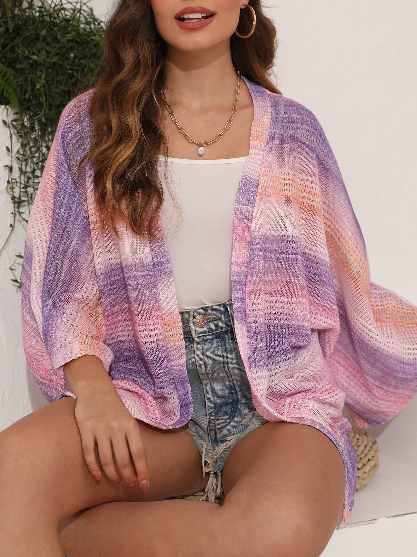 Polyester Women's Casual Loose Cardigan Sweater Hollow Tie-dye Sweater