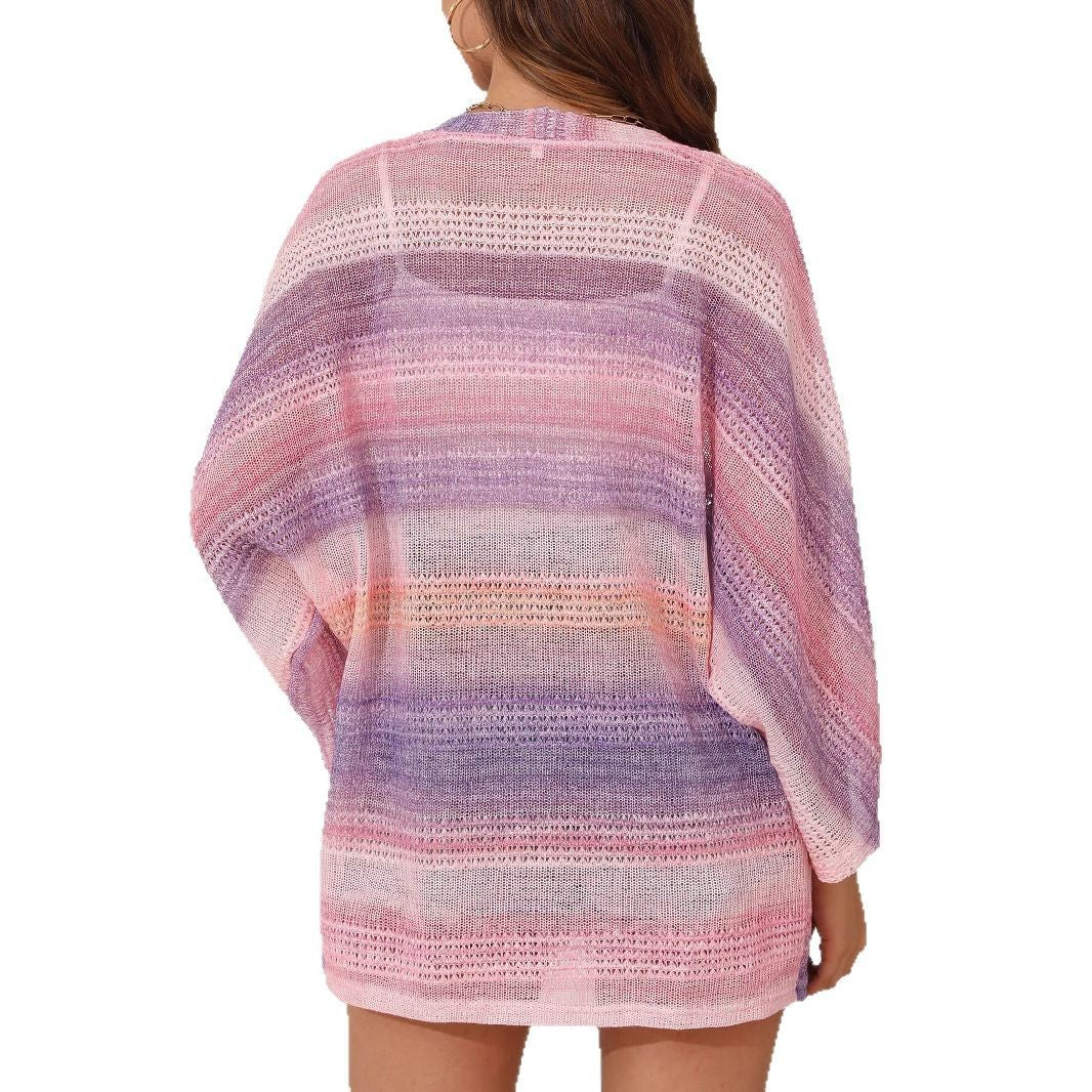 Polyester Women's Casual Loose Cardigan Sweater Hollow Tie-dye Sweater