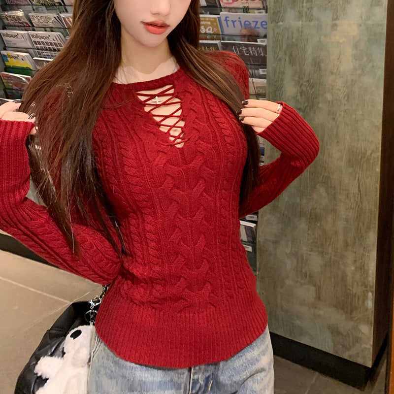 Fashion Design Long-sleeved Sweater Slim Slimming Hollow Elegant Bottoming Top Women