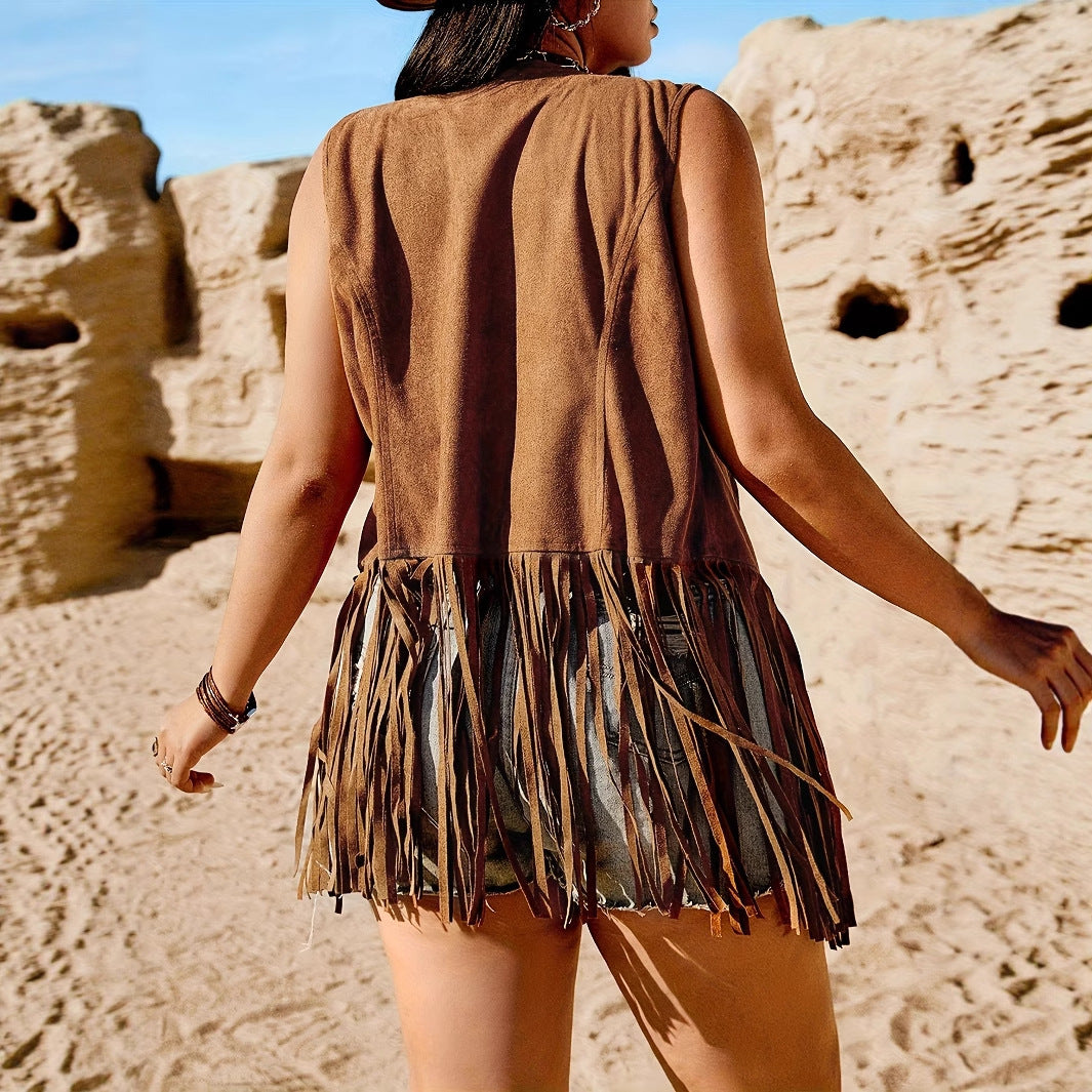 Women's Retro Tassel Sleeveless Lapel Jacket