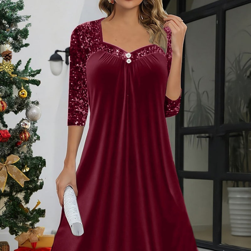 Elegant Christmas Sparkle With Button Trim Long Sleeve Dress