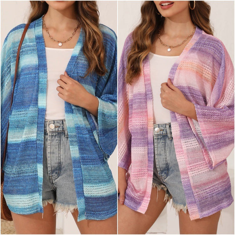 Polyester Women's Casual Loose Cardigan Sweater Hollow Tie-dye Sweater