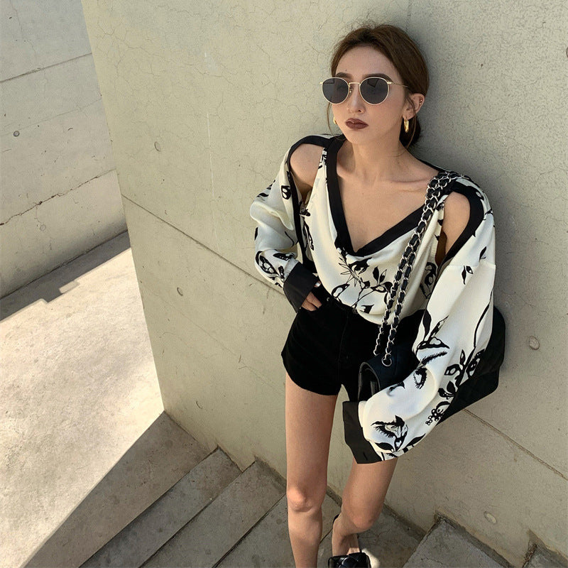 Fake Two Off-shoulder Floral Shirts For Women